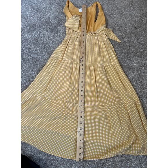 Everly Gingham yellow white checkered plaid knot tie tiered dress short SZ SM - Picture 7 of 8